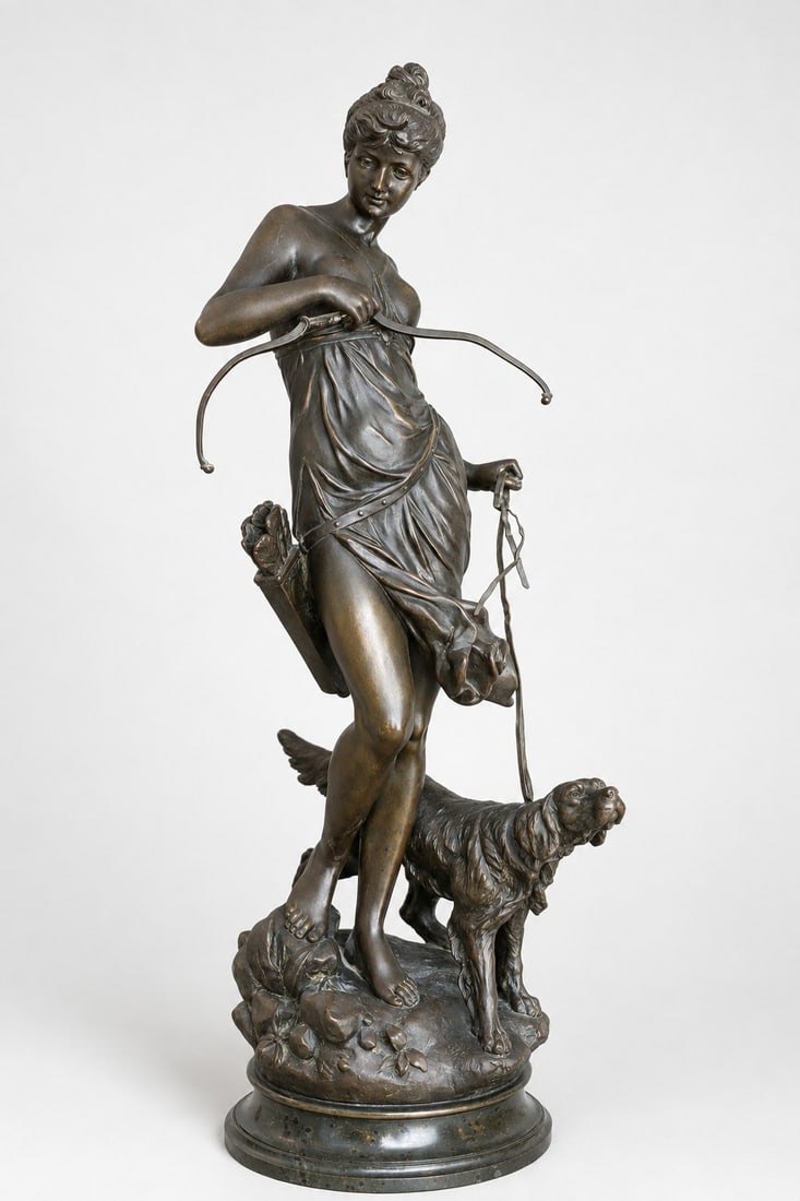 Antique Bronze Diana the Huntress Sculpture Signed A Moreau: Antique bronze sculpture depicting Diana the Huntress holding a bow and accompanied by a hunting dog. Finely detailed classical figure with quiver, flowing drapery, and naturalistic base. Signed A Mor