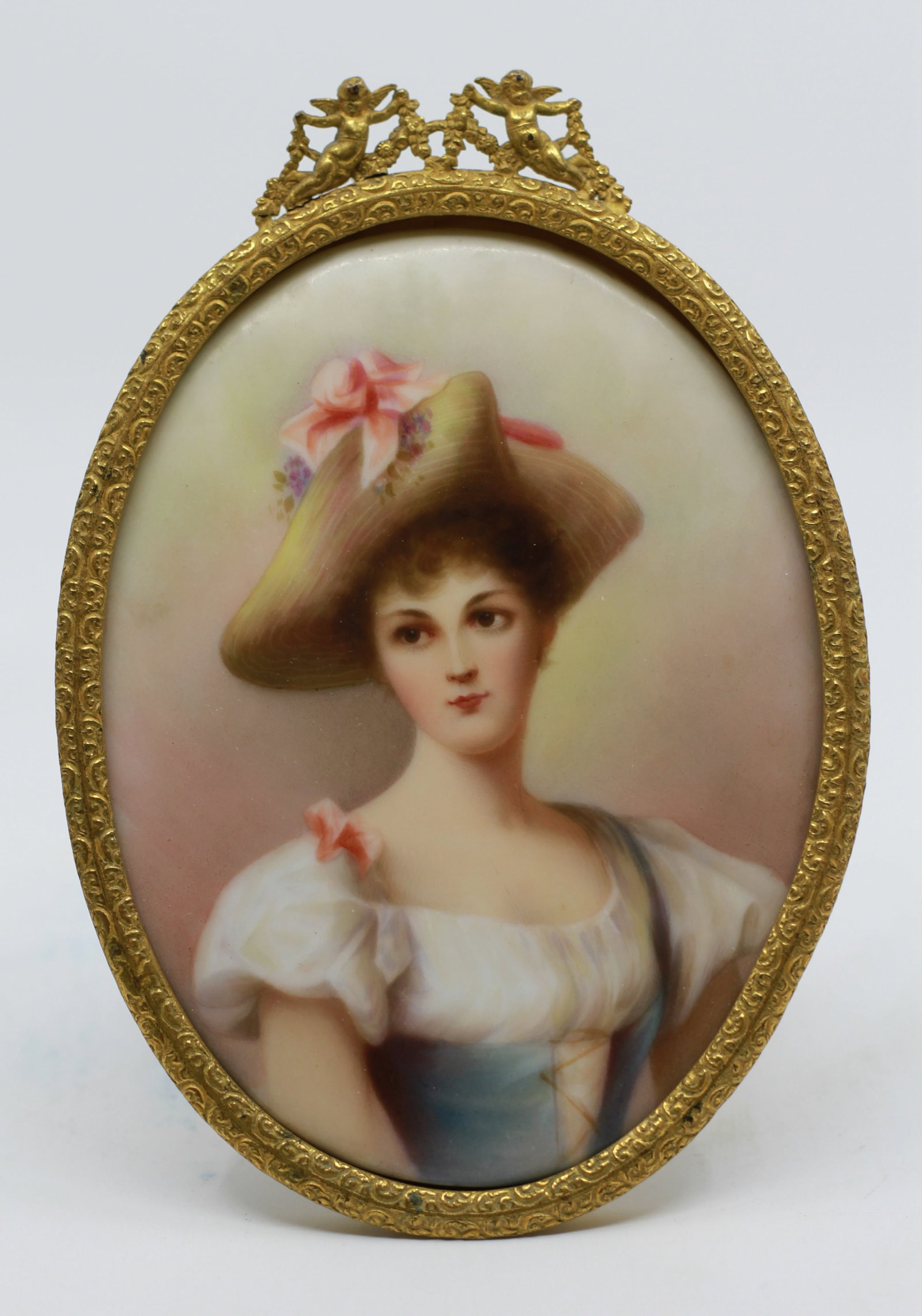 Antique Hand Painted Porcelain Portrait Plaque in Gilt Frame (1 of 3)