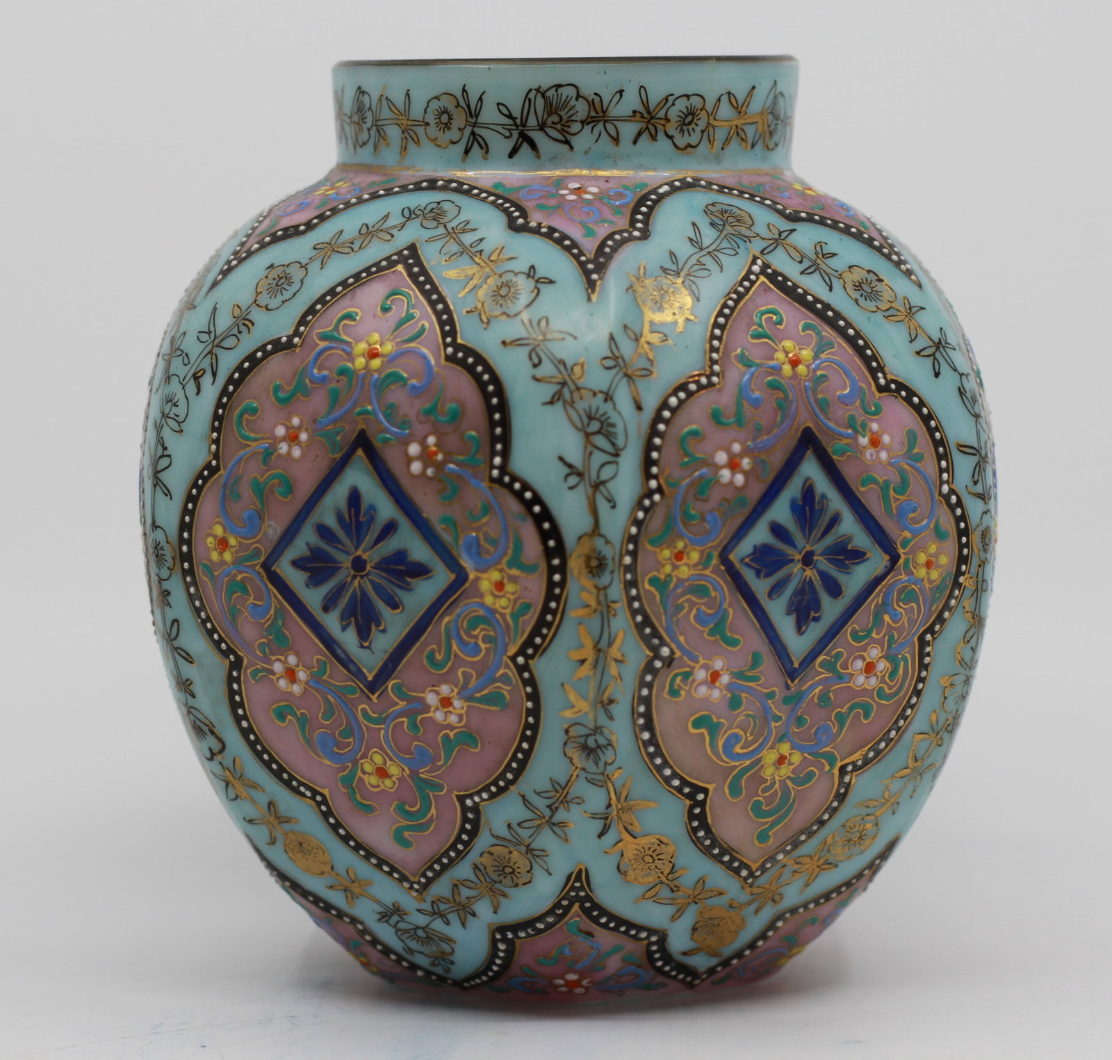 ANTIQUE THOMAS WEBB PORCELAIN MOROCCAN VASE: A vintage porcelain vase is done in a typical pattern associated with the famous English glass maker Thomas Webb. It is done in the Moroccan pattern that imitates the inlaid mosaics found in that regi