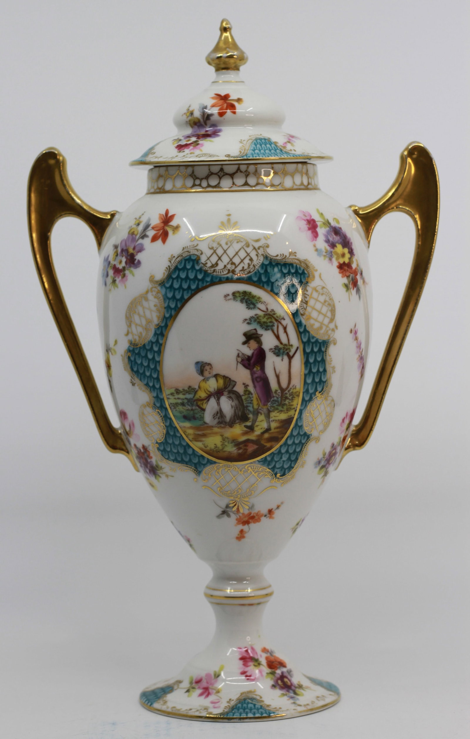 Antique Dresden Style Porcelain Covered Urn with Figural Scene (1 of 7)
