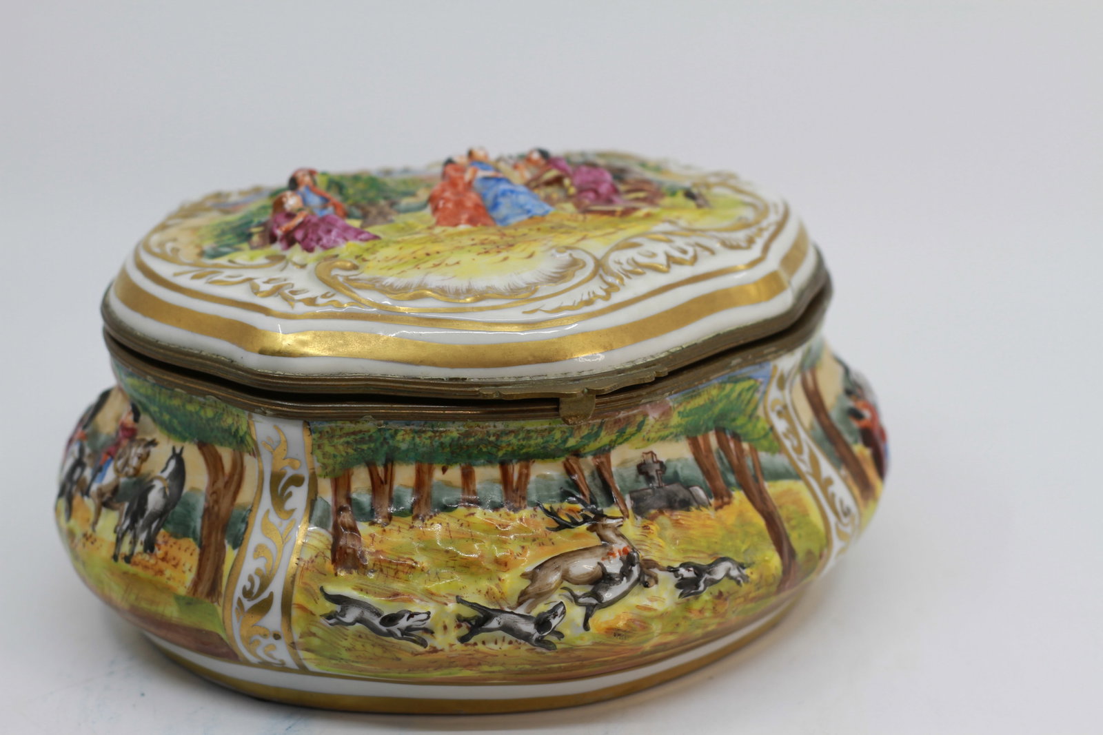 French Porcelain Hand Painted Hunt Scene Jewelry Box (1 of 5)