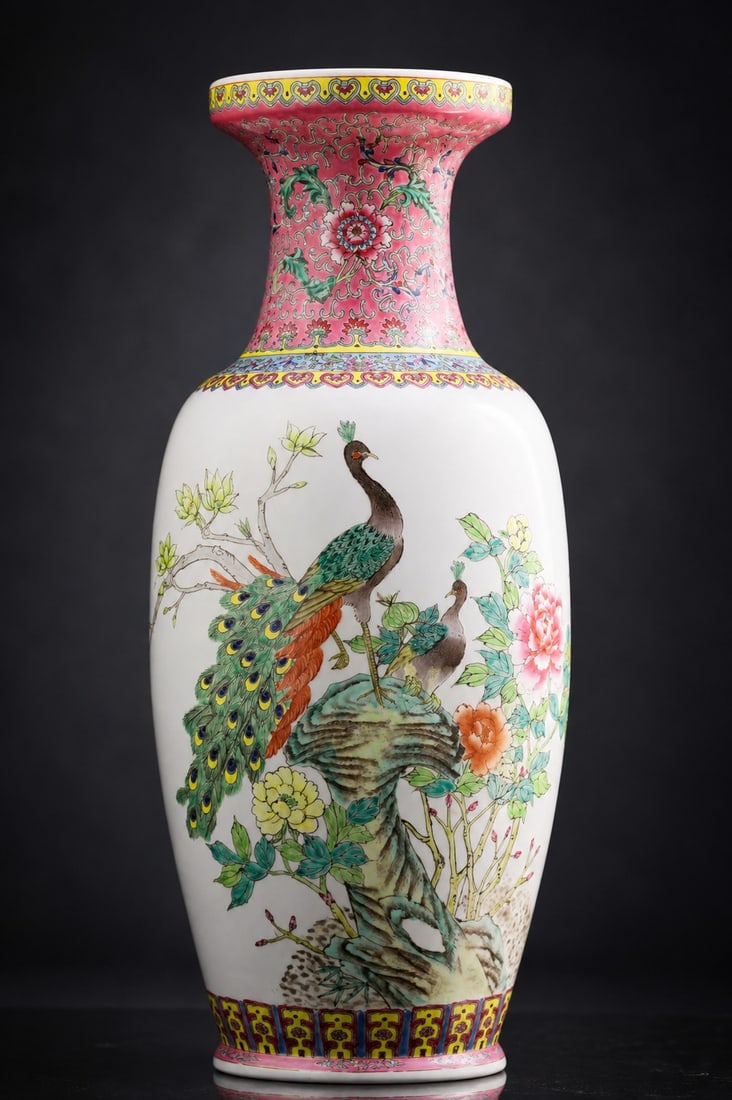 Large Chinese Famille Rose Peacock Porcelain Vase (1 of 8)