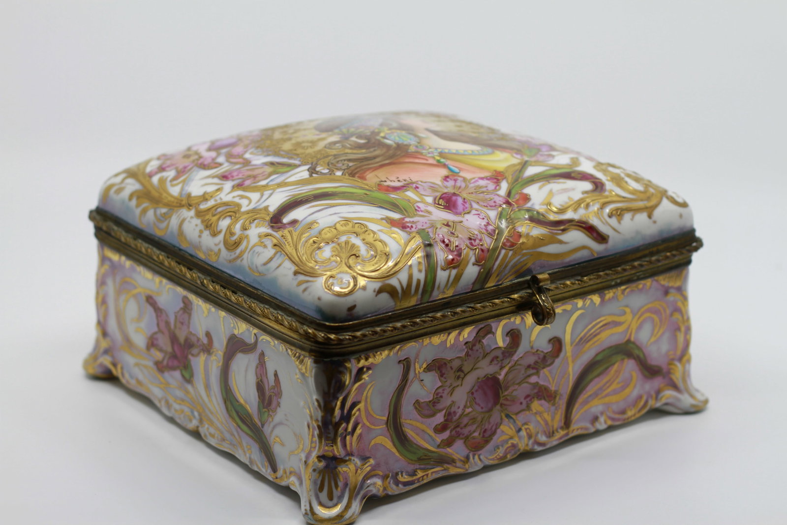 Hand Painted French Porcelain Portrait Jewelry Box, Signed Cheri (1 of 7)