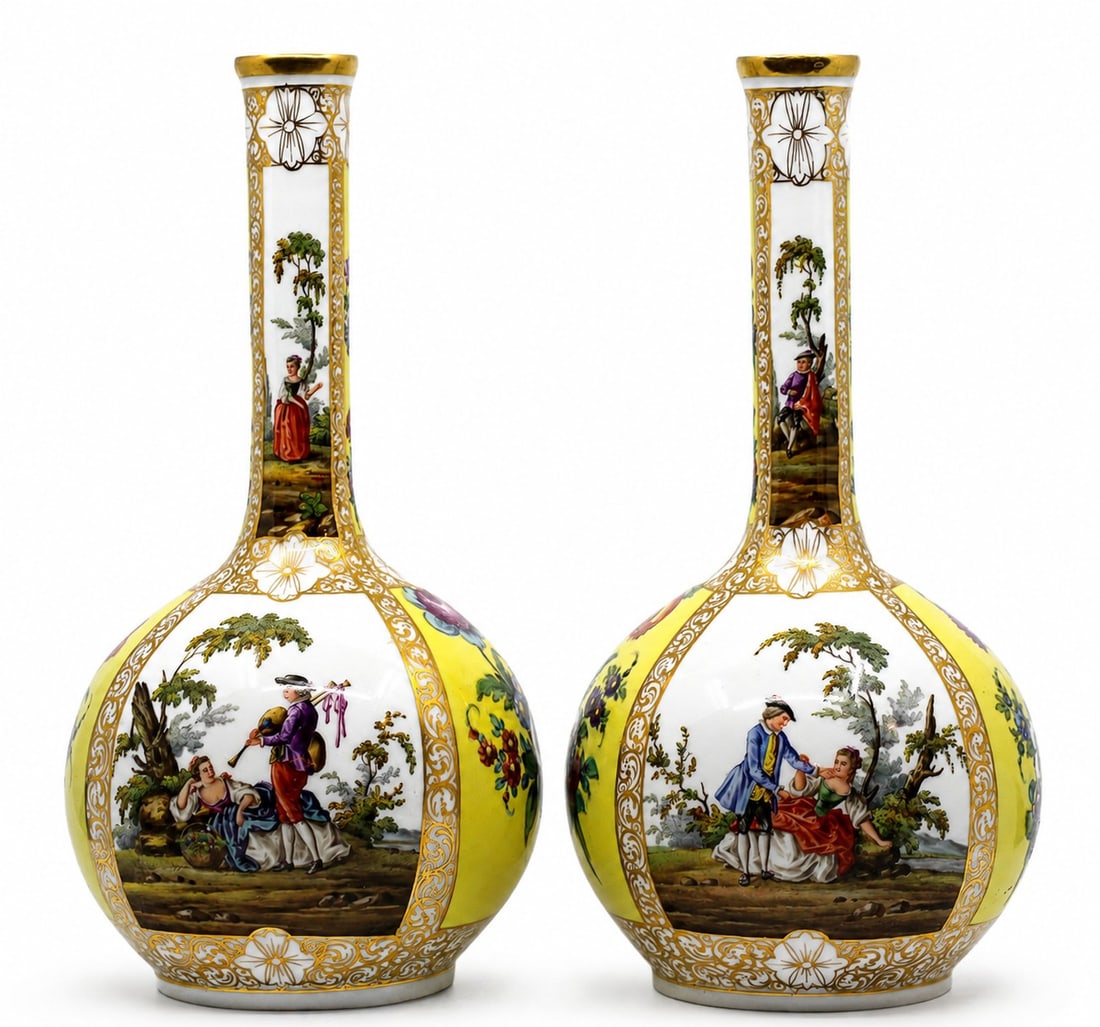 Pair of Continental Porcelain Bottle Vases with Figural Scenes and Gilt Decoration: Pair of finely decorated porcelain bottle vases with elongated necks and rounded bodies. Each features hand painted romantic pastoral scenes within elaborate gilt borders, alternating with bright yell