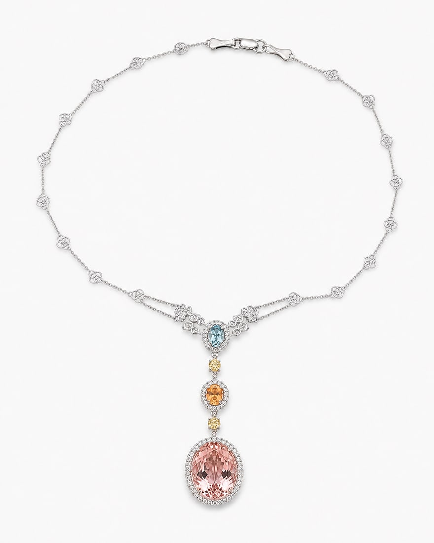 Multicolor Gemstone and Diamond Drop Necklace: Elegant long drop necklace featuring oval blue orange and pink gemstones accented by small diamonds or diamond like stones in halo settings. The dramatic lower pendant is centered by a large faceted p