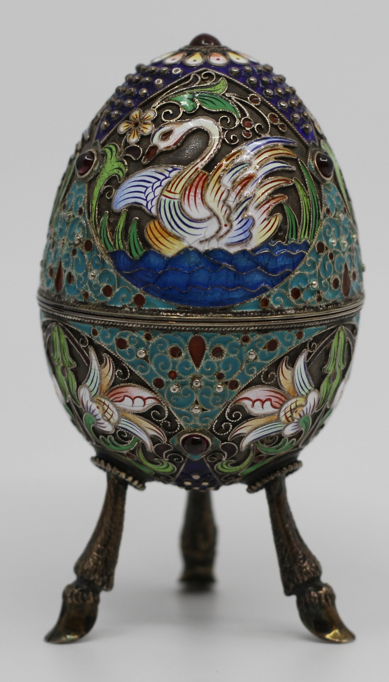 Russian Silver Cloisonne Enamel Egg Box with Swan Motifs (1 of 8)