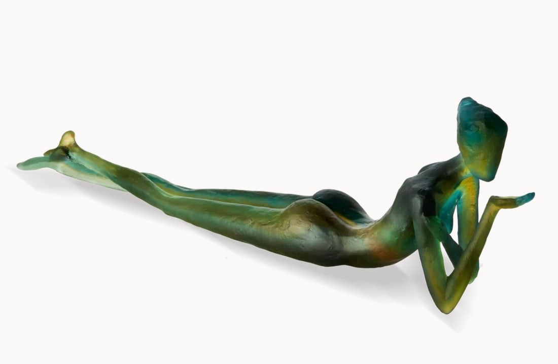 Daum Darling Pate de Verre Sculpture by Sylvie Mangaud: Daum France Darling sculpture designed by Sylvie Mangaud. Pate de verre crystal depicting a stylized reclining female figure in graduated green, amber, and blue tones. Limited edition of 375. Signed D