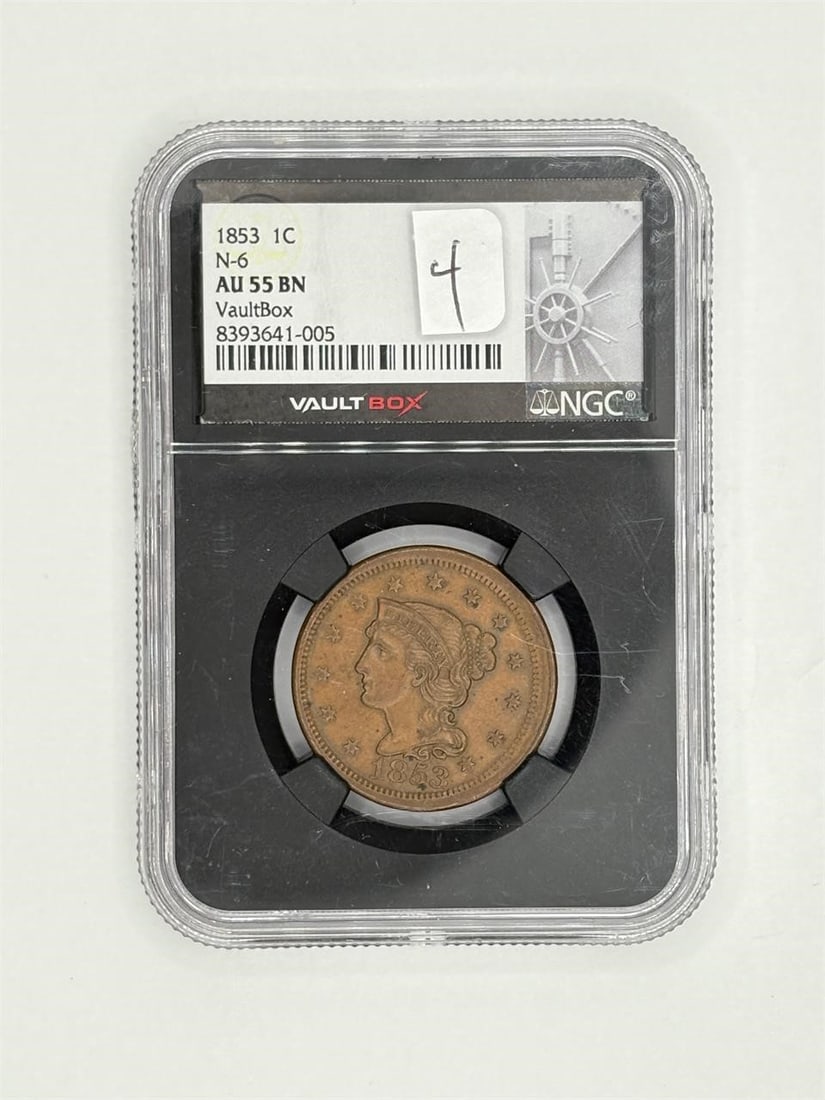 NGC AU55 BN 1853 Large Cent: Please refer to pictures for item condition.