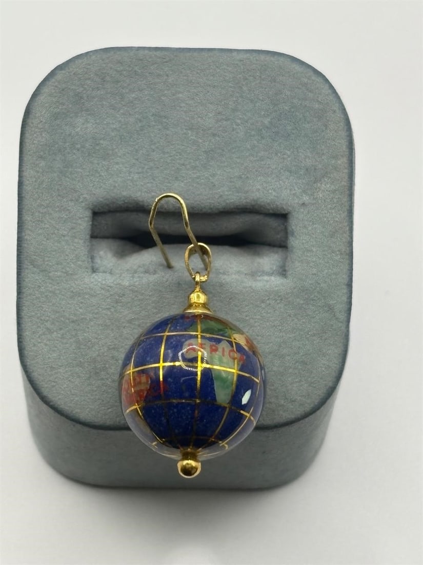 Semi-Precious 14K Globe Pendant: 7,8 g, 1 1/8" length x 6/8 width, Semi-precious stones such as lapis, adventurine, etc. with 14K findings and grid