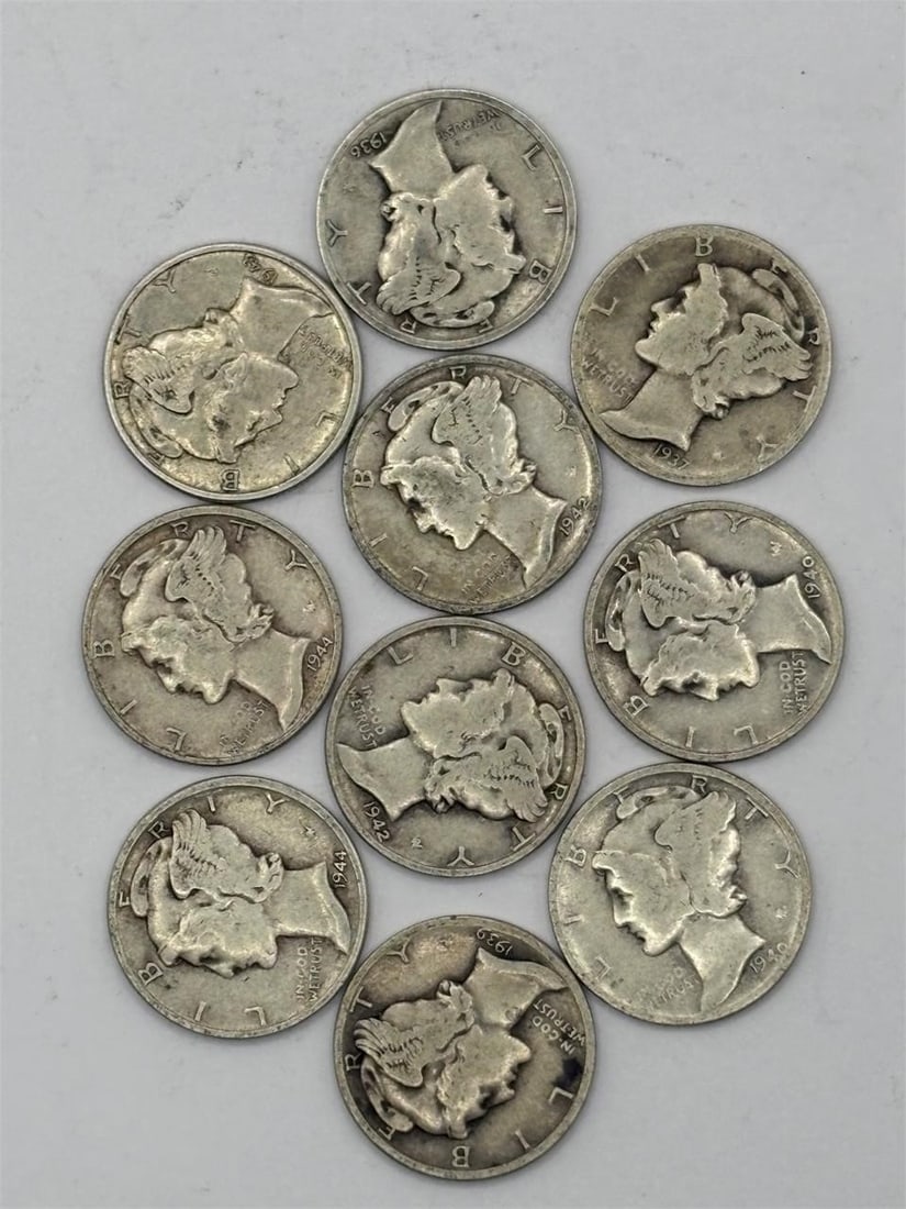 Lot of 10 Assorted Mercury Dimes 1936-1944: Please refer to pictures for item condition.