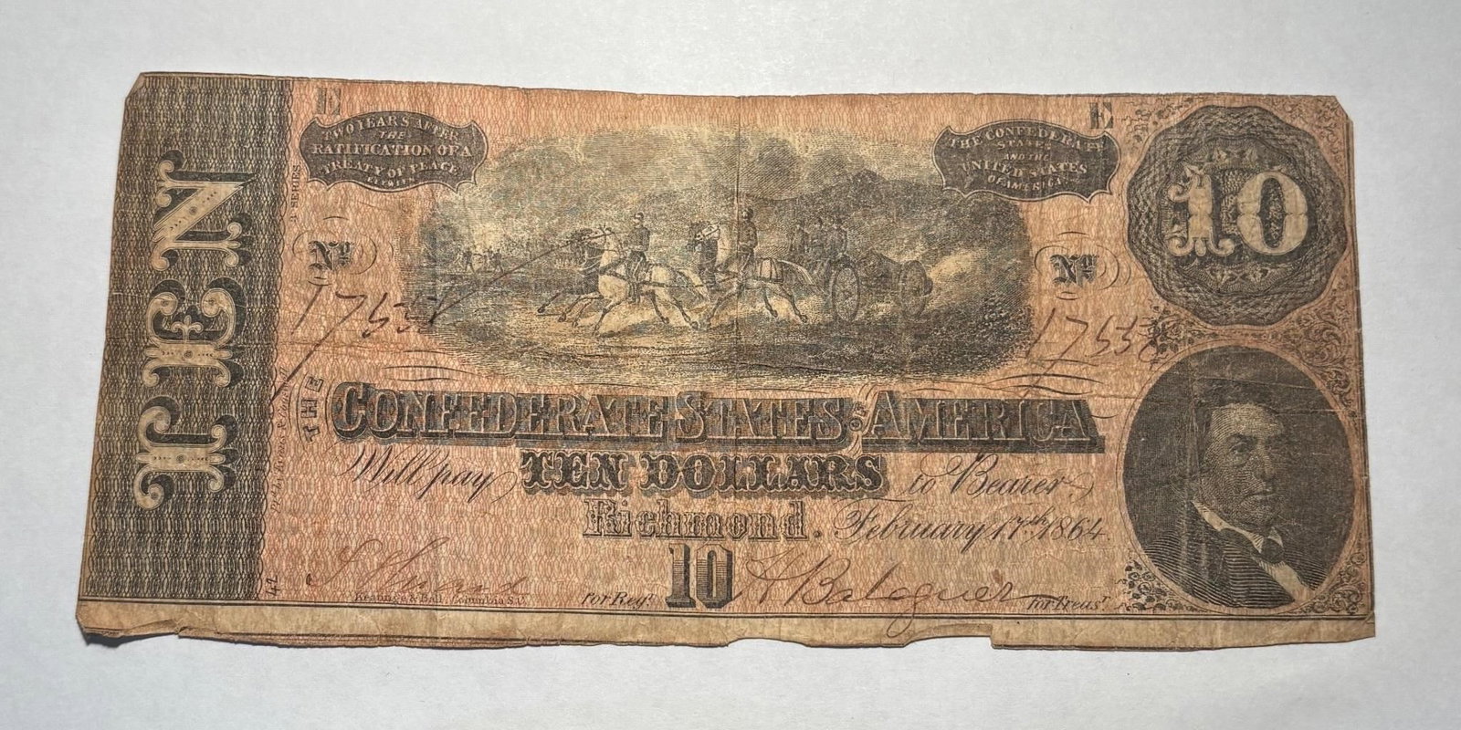 T-68 Ten Dollar CSA Note 1864 Richmond, VA (1 of 2)