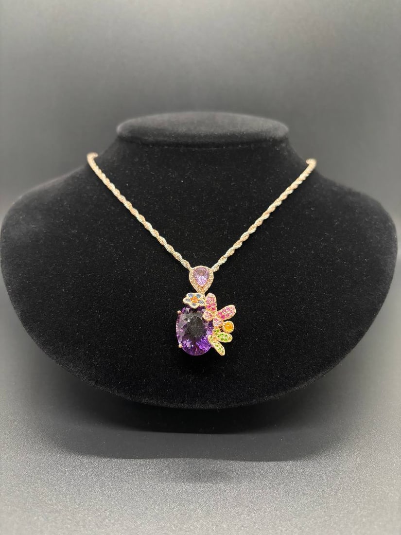 Amethyst & Gemstone Silver Gold Plated Pendant Necklace (1 of 20)