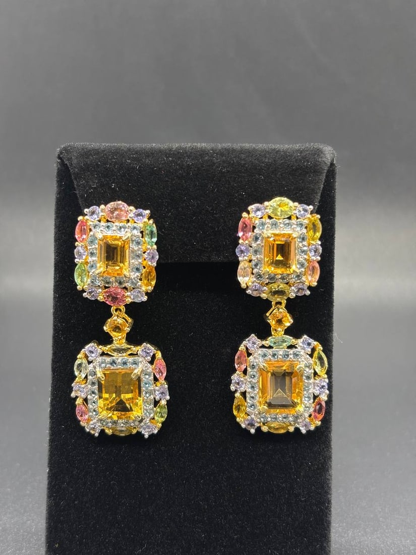 Handmade Citrine Tanzanite London Blue Earrings: Turn heads the moment you walk in with this spectacular pair of custom handmade drop earrings crafted in stamped 925 sterling silver with luxurious 24KT gold plating. Designed with dramatic elegance,