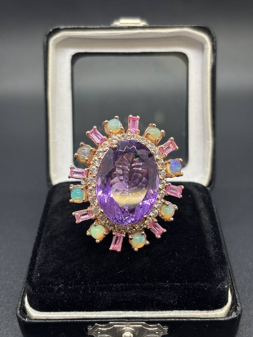 Natural Amethyst Opal Sapphire 925 Gold Ring: Regal, radiant and impossible to ignore — this magnificent custom handmade 925 sterling silver ring with 24KT gold plating centres on a deeply saturated 27.20ct oval Amethyst, one of the largest and