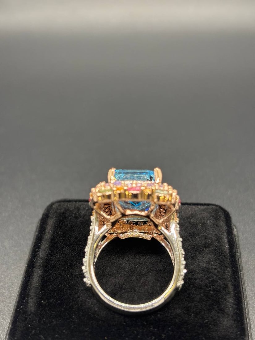 Bold Emerald Cut Blue Topaz Multi-Gem Ring - 11
