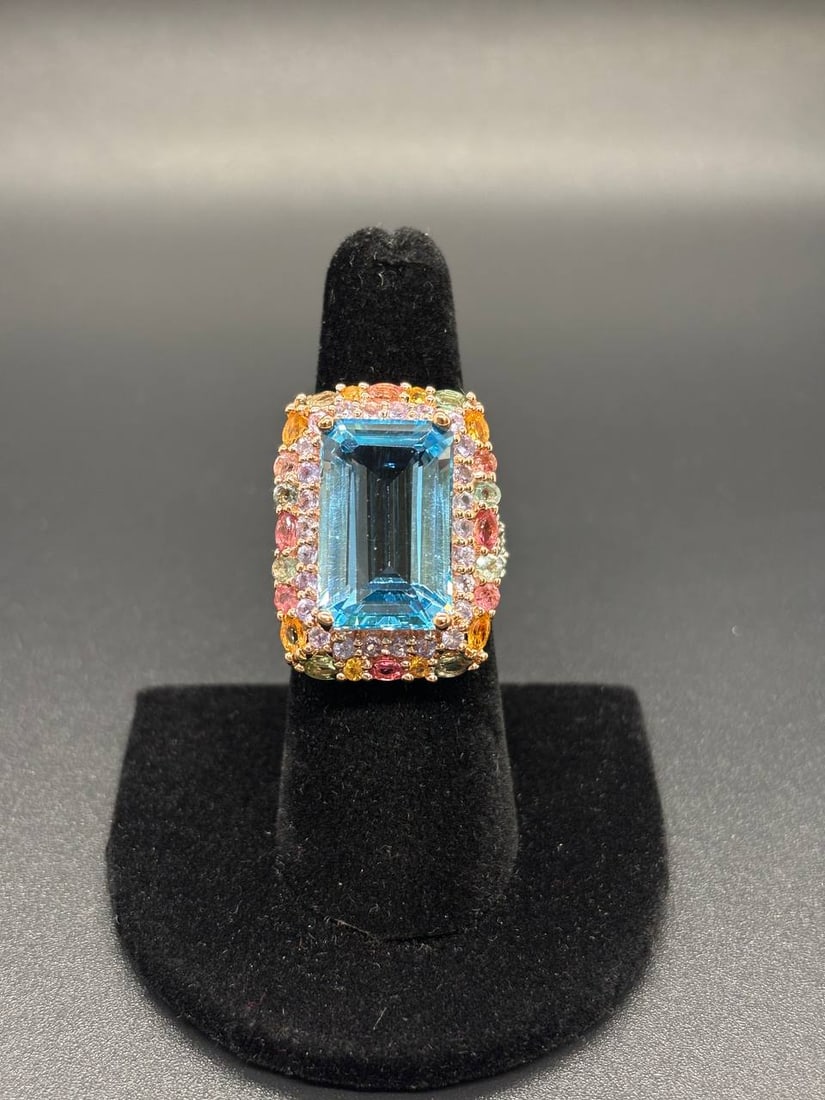 Bold Emerald Cut Blue Topaz Multi-Gem Ring - 13