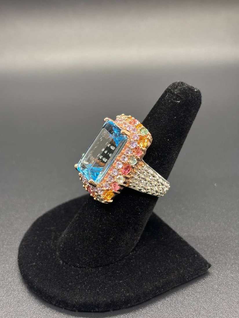 Bold Emerald Cut Blue Topaz Multi-Gem Ring - 14