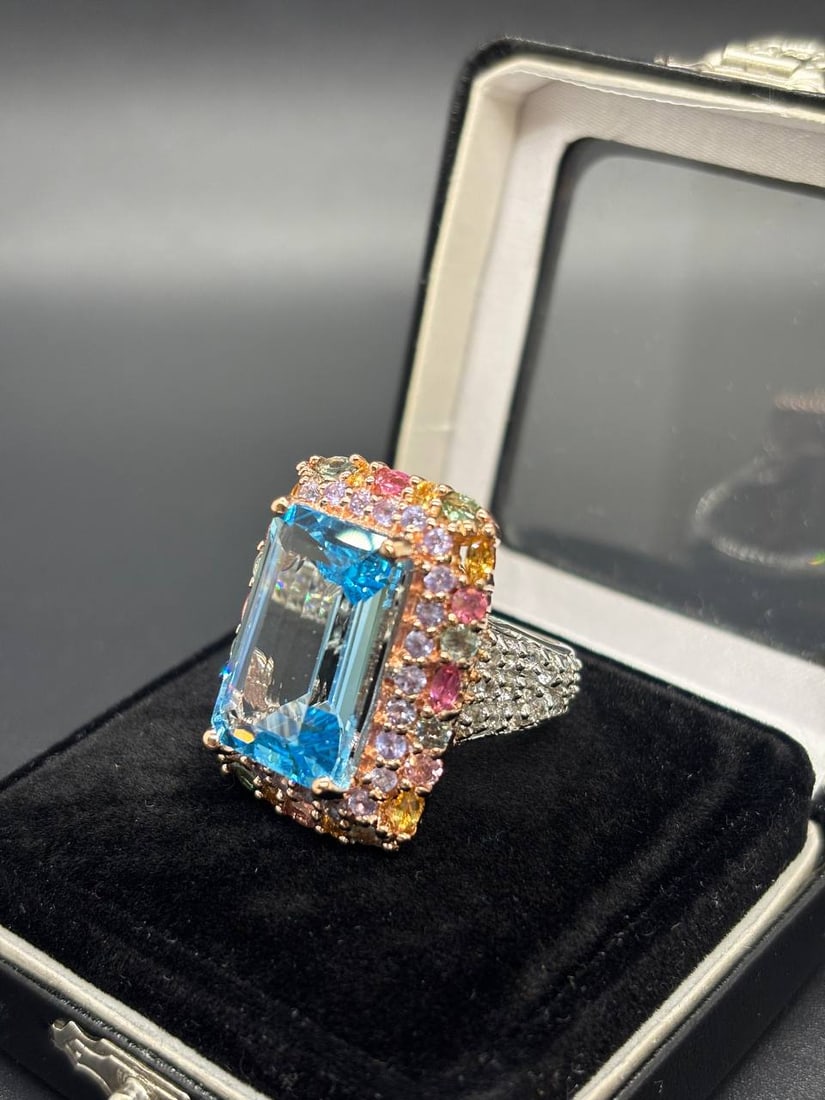 Bold Emerald Cut Blue Topaz Multi-Gem Ring - 3