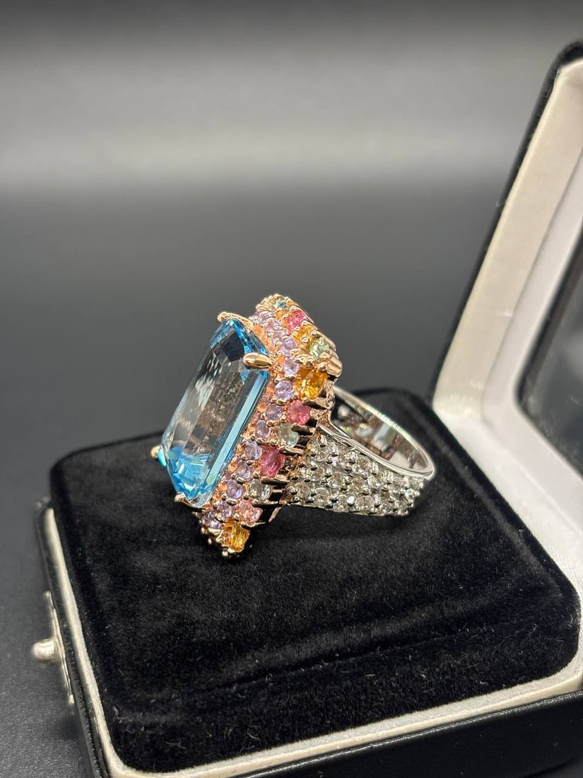 Bold Emerald Cut Blue Topaz Multi-Gem Ring - 4