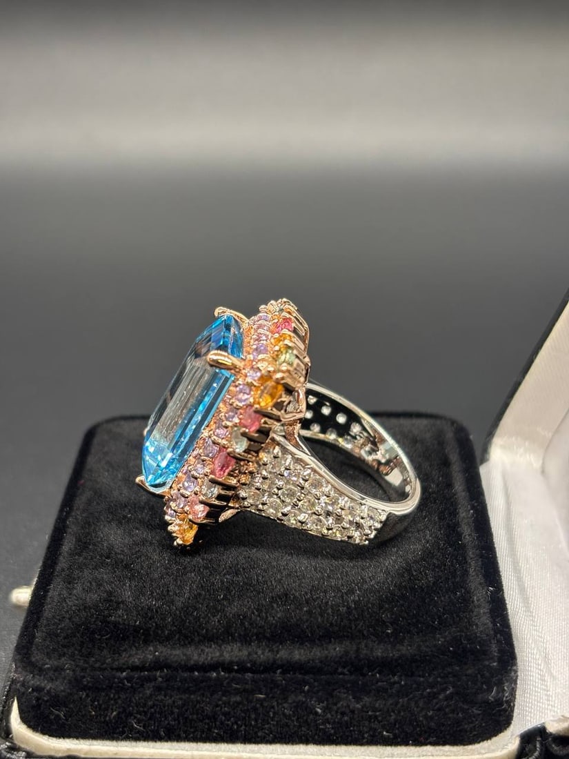 Bold Emerald Cut Blue Topaz Multi-Gem Ring - 5