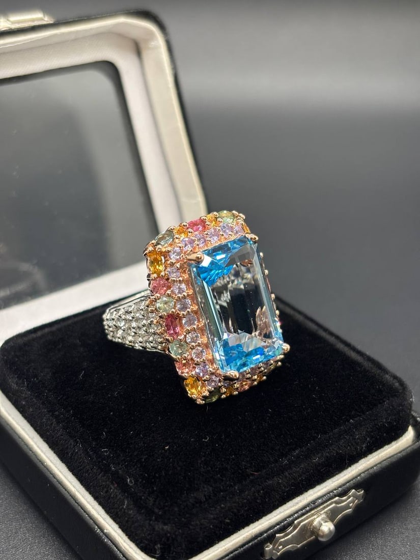 Bold Emerald Cut Blue Topaz Multi-Gem Ring - 7