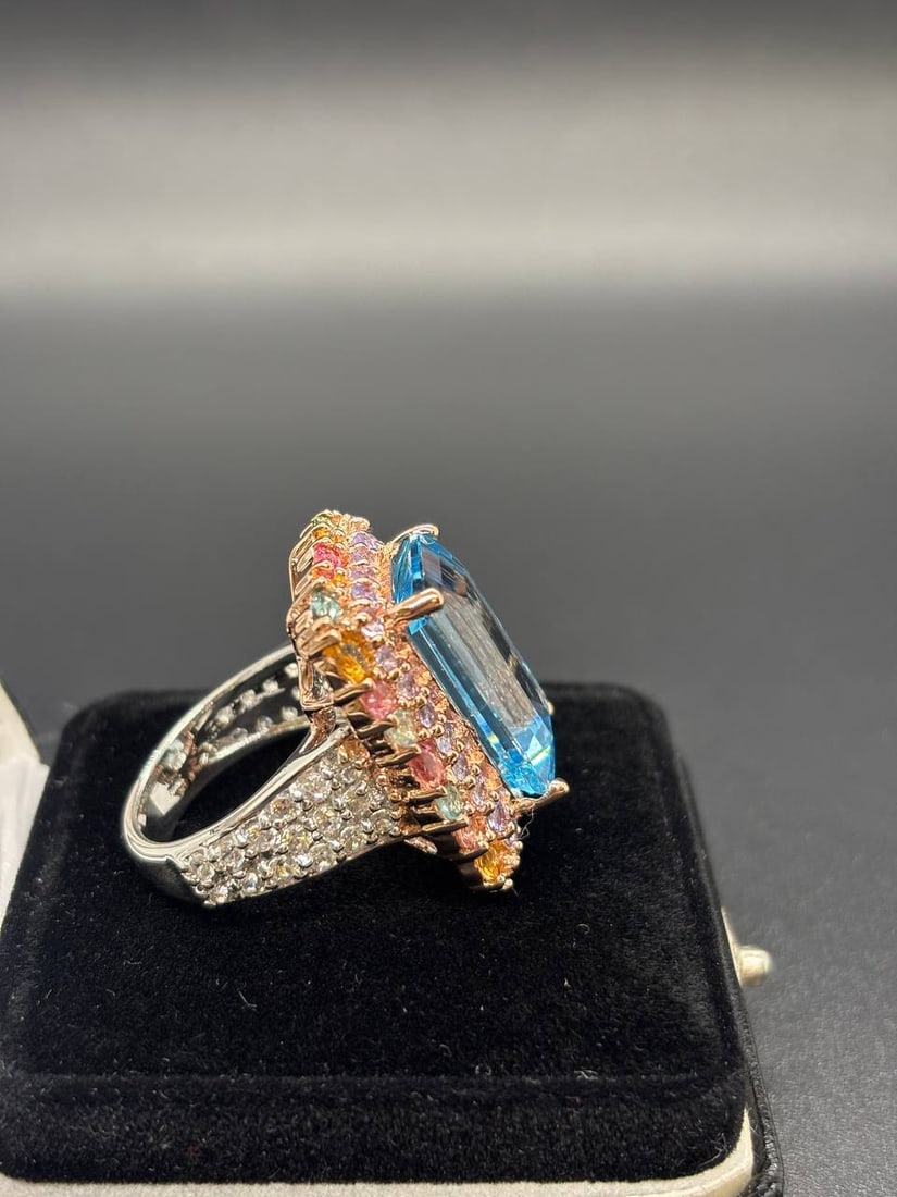 Bold Emerald Cut Blue Topaz Multi-Gem Ring - 9
