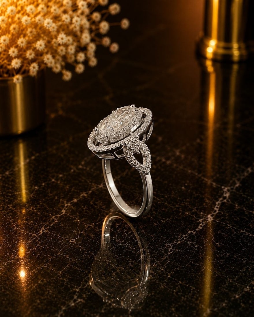 Pear Lab Diamond Halo Ring 18K Gold: Stunning 18KT White Gold Double Halo Ring featuring a breathtaking 3.01ct Pear Brilliant Cut Lab Grown Diamond centrepiece, surrounded by 131 Round Brilliant Cut Lab Grown Diamonds in a prong/bead