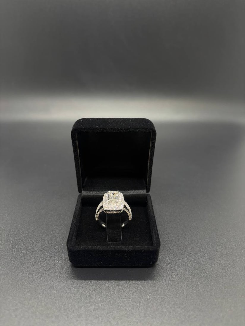 Certified Emerald Lab Diamond 18K Ring: Gorgeous 18KT White Gold Double Halo Ring showcasing a refined 1.52ct Emerald Cut Lab Grown Diamond with VS-2 clarity, wrapped in a stunning double halo of 146 Round Brilliant Cut Lab Grown Diamonds
