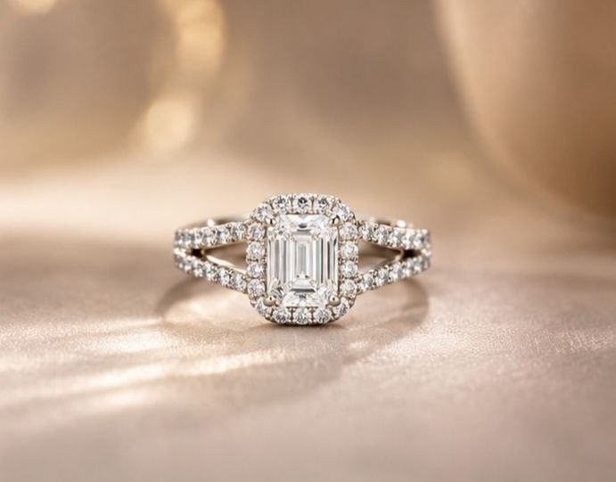 Split Band Emerald Lab Diamond 18K Ring - 5