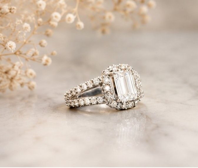 Split Band Emerald Lab Diamond 18K Ring - 7