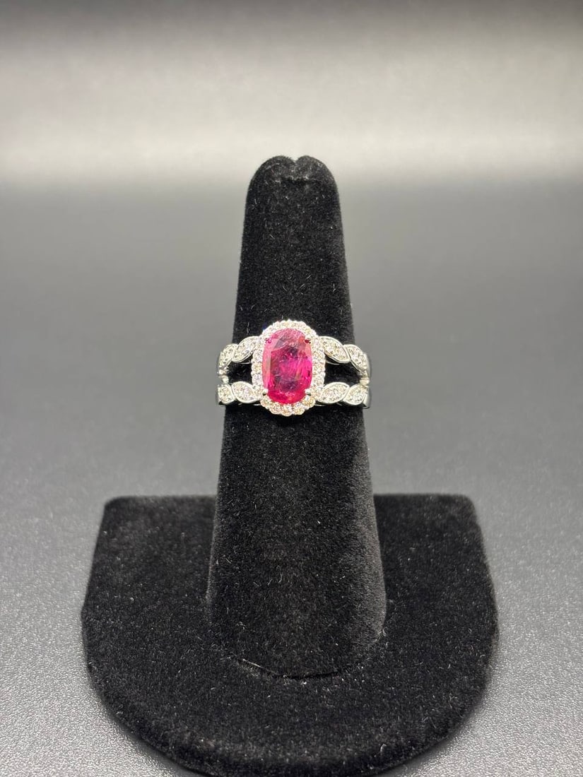 White Gold Ruby Diamond Halo Split Shank Ring - 2