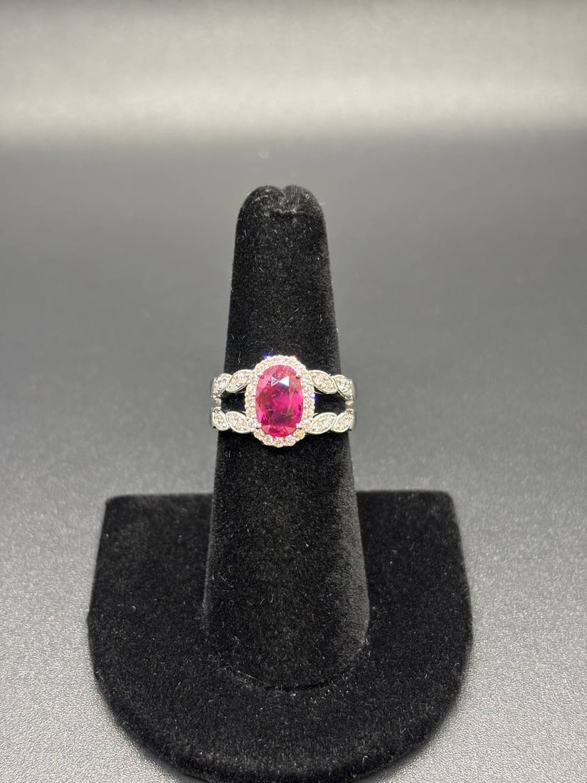 White Gold Ruby Diamond Halo Split Shank Ring - 3