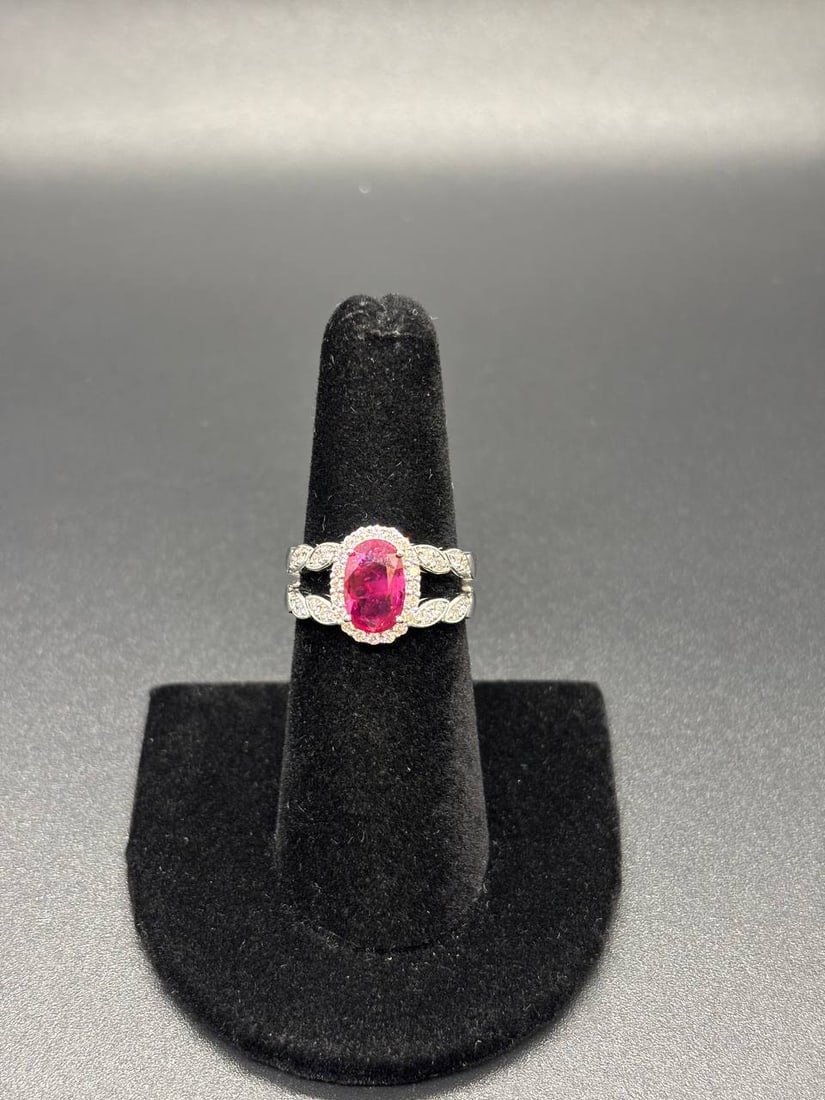 White Gold Ruby Diamond Halo Split Shank Ring - 4