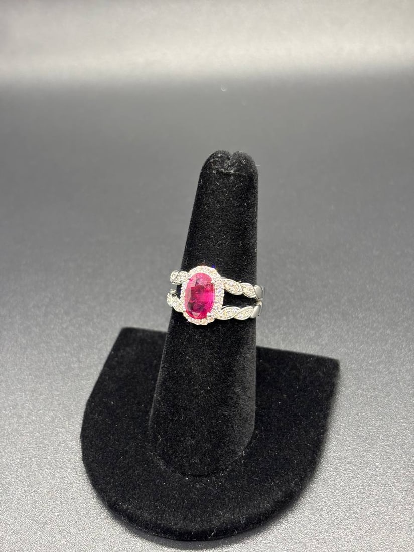 White Gold Ruby Diamond Halo Split Shank Ring - 5