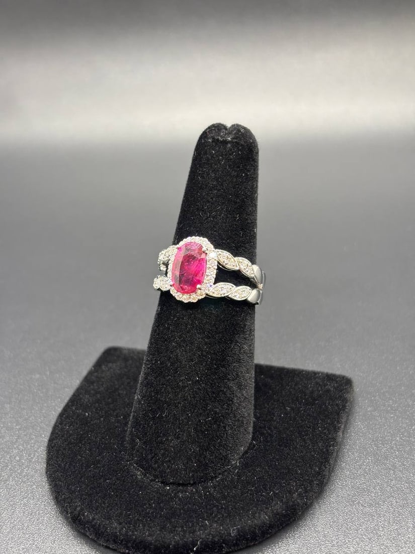 White Gold Ruby Diamond Halo Split Shank Ring - 6