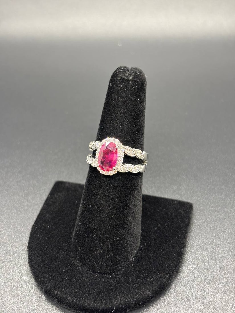 White Gold Ruby Diamond Halo Split Shank Ring - 7