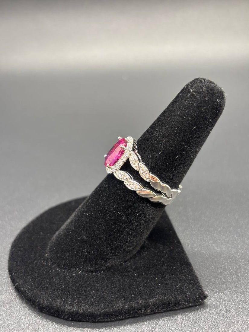 White Gold Ruby Diamond Halo Split Shank Ring - 9