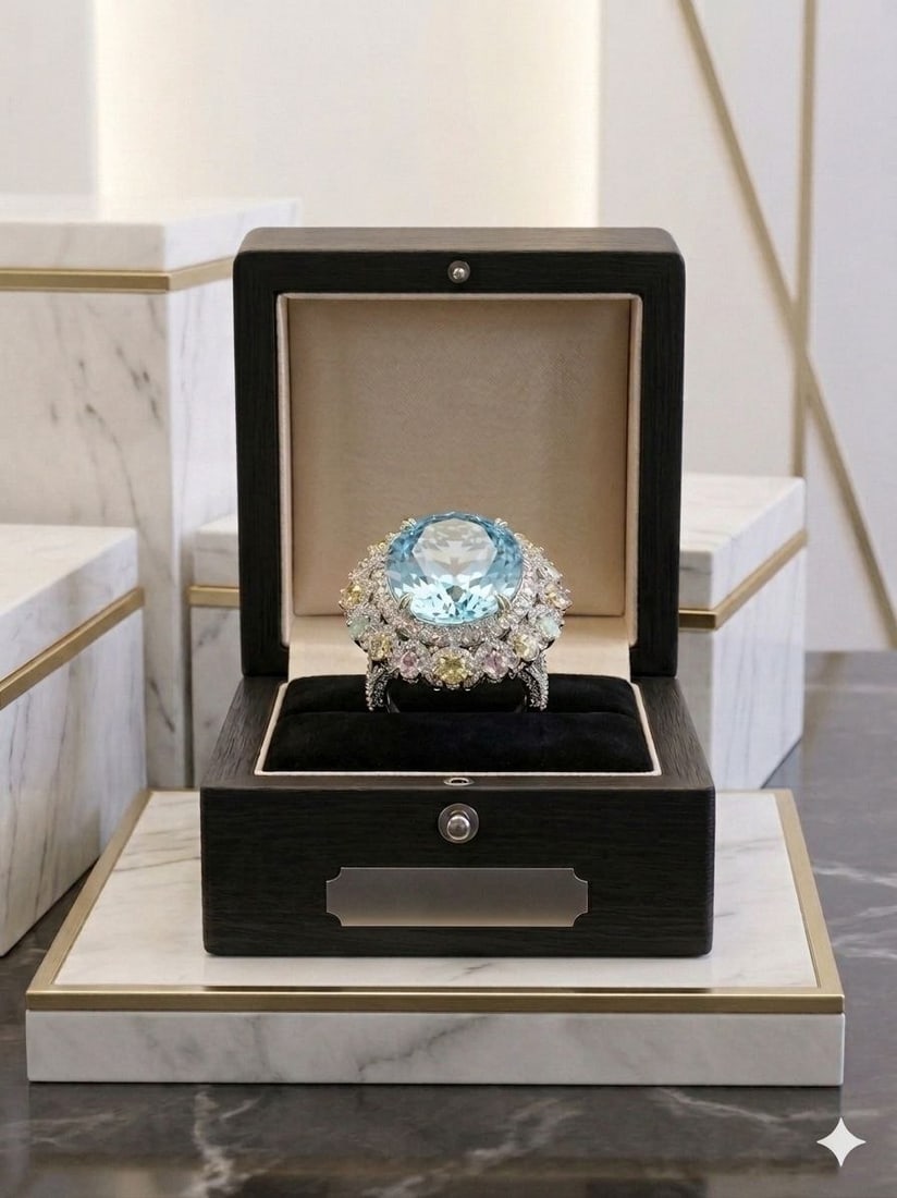 Bold Blue Topaz Tanzanite Sapphire Halo Ring: NOTE- Additional lots may be added until the final day of the auction. Please check back regularly for updates and newly added items.Magnificent Ocean-Inspired Blue Topaz & Multi-Gem Halo Ring in 24KT