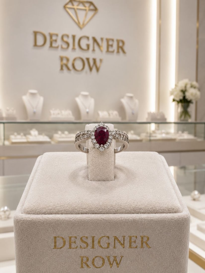 Pear Ruby & Diamond 18K Gold Cocktail Ring: NOTE: Additional lots may be added until the final day of the auction. Please check back regularly for updates and newly added items. Presenting an exquisite 18K White Gold Ruby and Diamond Ring featu