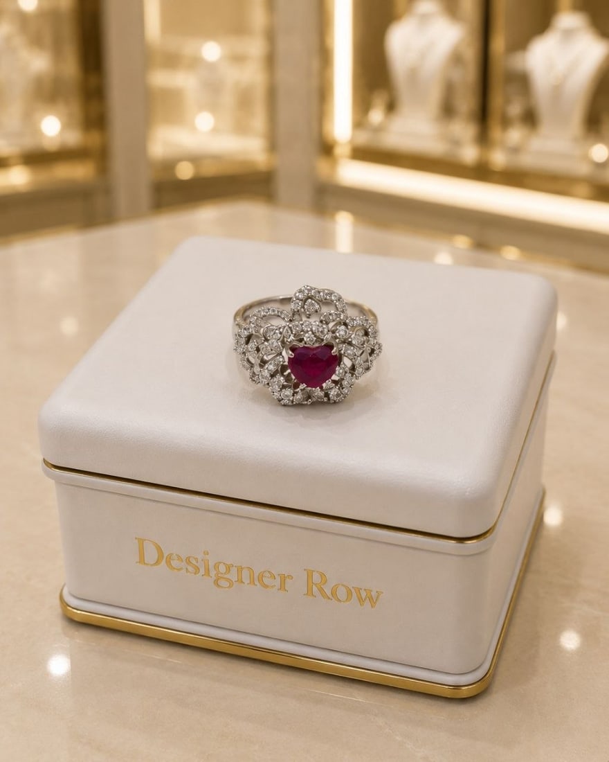 Heart Shaped Ruby & Diamond 18K Gold Ring - 10