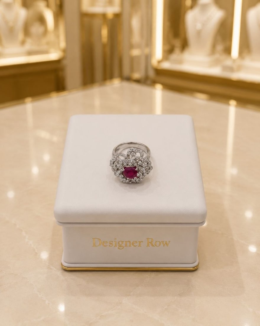 Heart Shaped Ruby & Diamond 18K Gold Ring - 16