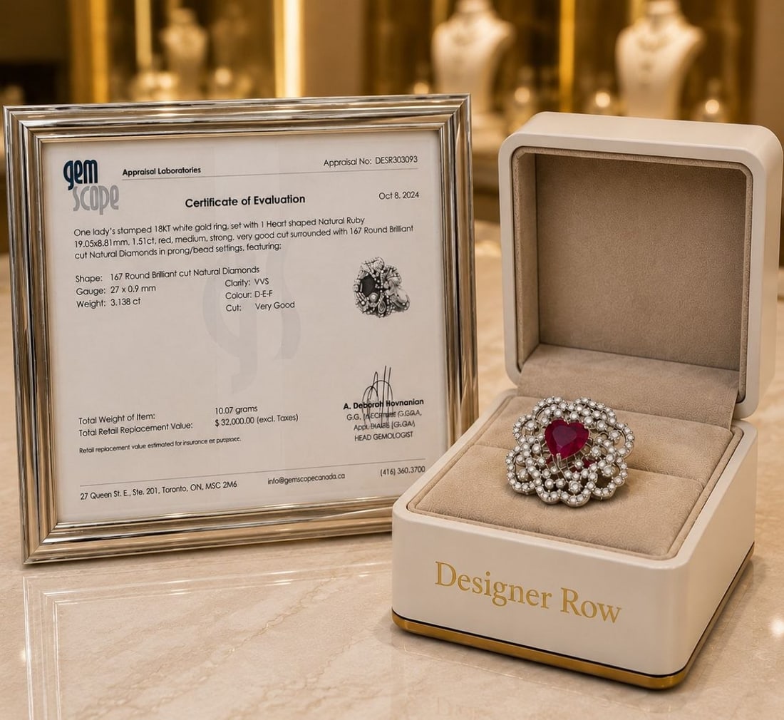 Heart Shaped Ruby & Diamond 18K Gold Ring: NOTE: Additional lots may be added until the final day of the auction. Please check back regularly for updates and newly added items. Presenting an exquisite 18K White Gold Ruby and Diamond Ring featu