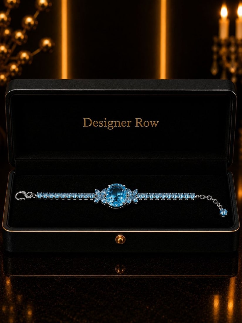 Silver Blue Topaz Statement Bracelet 37.30ct: NOTE - Additional lots may be added until the final day of the auction. Please check back regularly for updates and newly added items. One custom hand-made bracelet, stamped 925 Sterling Silver, featu