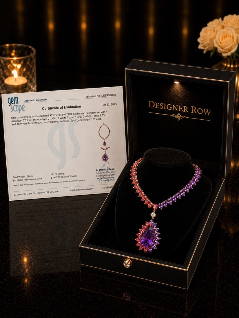 24KT Gold Amethyst & Topaz Necklace 131.25ct: NOTE - Additional lots may be added until the final day of the auction. Please check back regularly for updates and newly added items. One custom hand-made necklace, stamped 925 Sterling Silver and fi