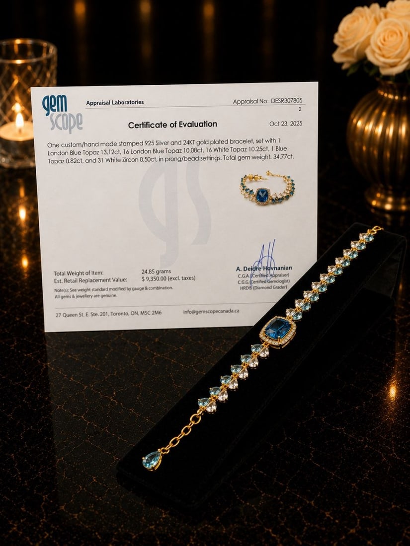 Gold London Blue Topaz Bracelet 34.77ct: NOTE - Additional lots may be added until the final day of the auction. Please check back regularly for updates and newly added items. One custom hand-made bracelet, stamped 925 Sterling Silver and fi