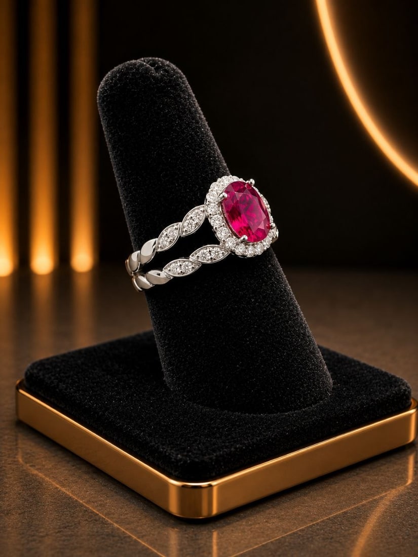 White Gold Ruby Diamond Halo Split Shank Ring - 10