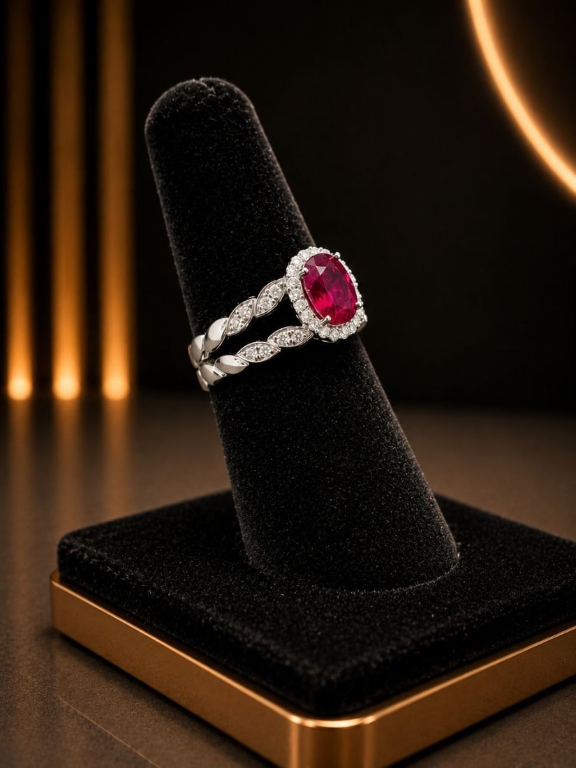 White Gold Ruby Diamond Halo Split Shank Ring - 11