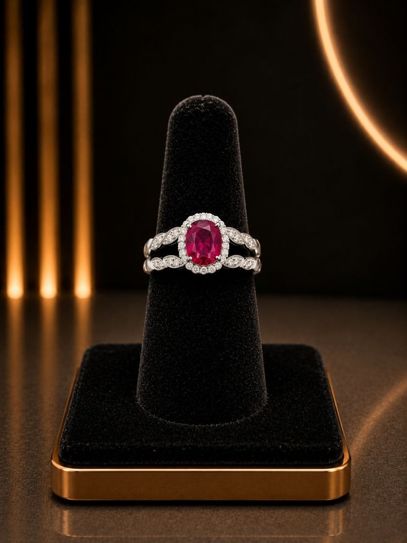 White Gold Ruby Diamond Halo Split Shank Ring - 13