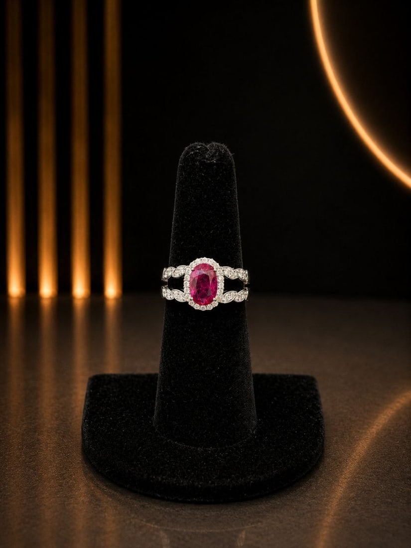 White Gold Ruby Diamond Halo Split Shank Ring - 15