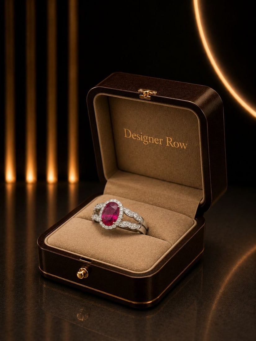 White Gold Ruby Diamond Halo Split Shank Ring - 19